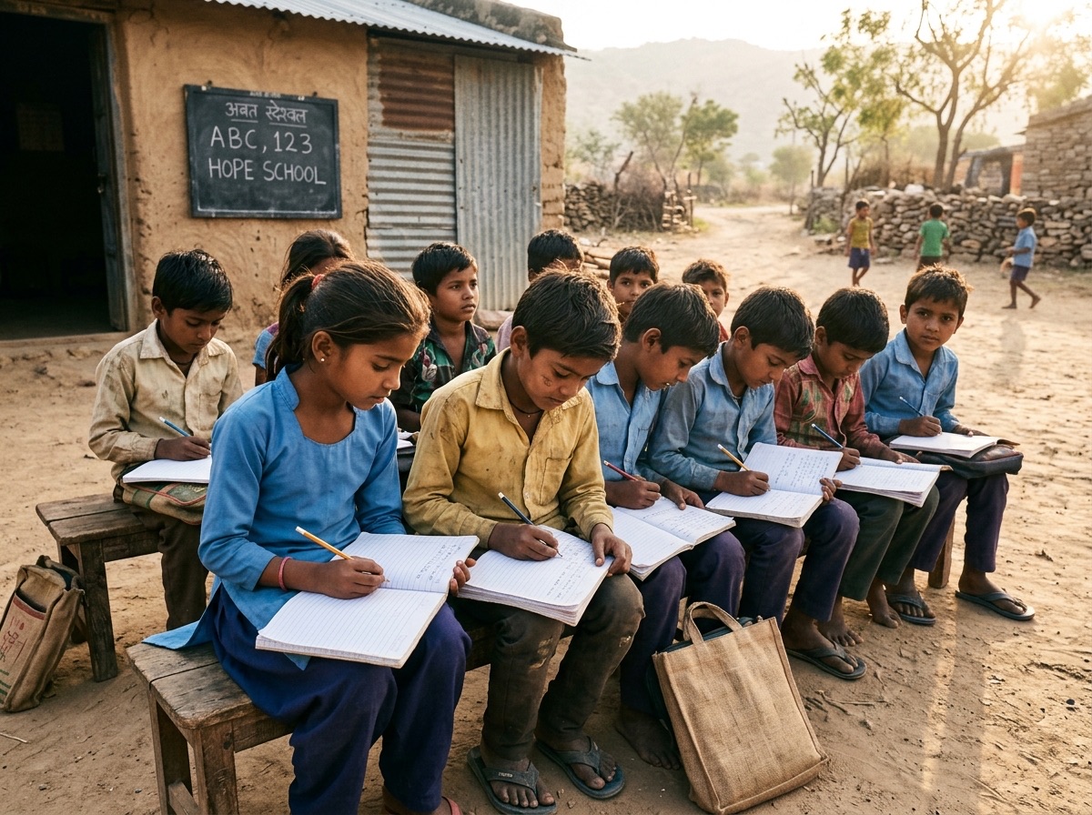 Village children studying outdoors with notebooks