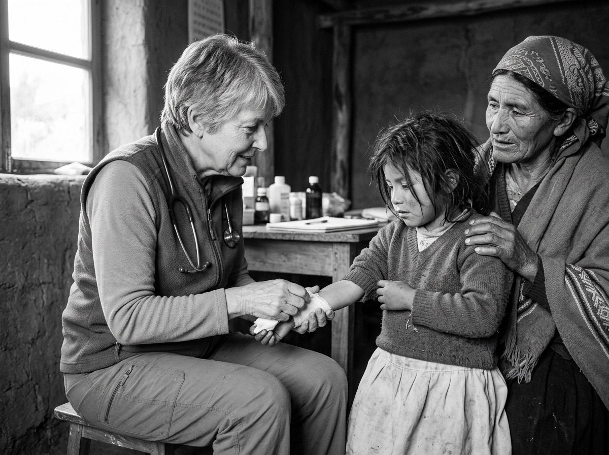Compassionate healthcare doctor tending to an impoverished child