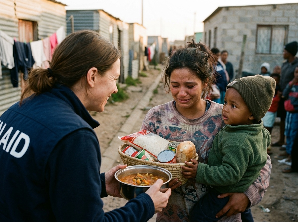 A grateful mother receiving hot food rations for her family