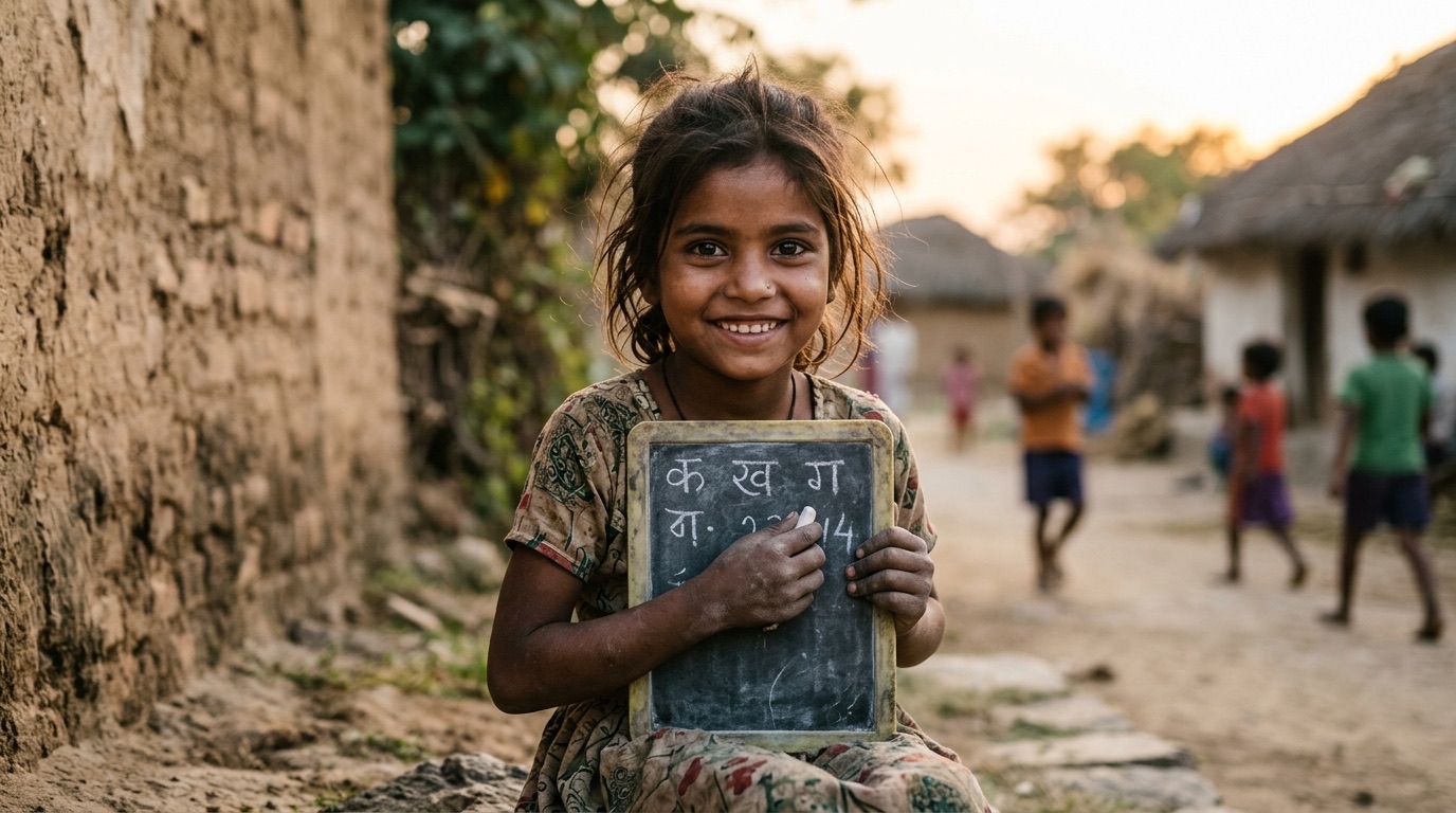 Underprivileged child holding a slate with hope and a warm smile