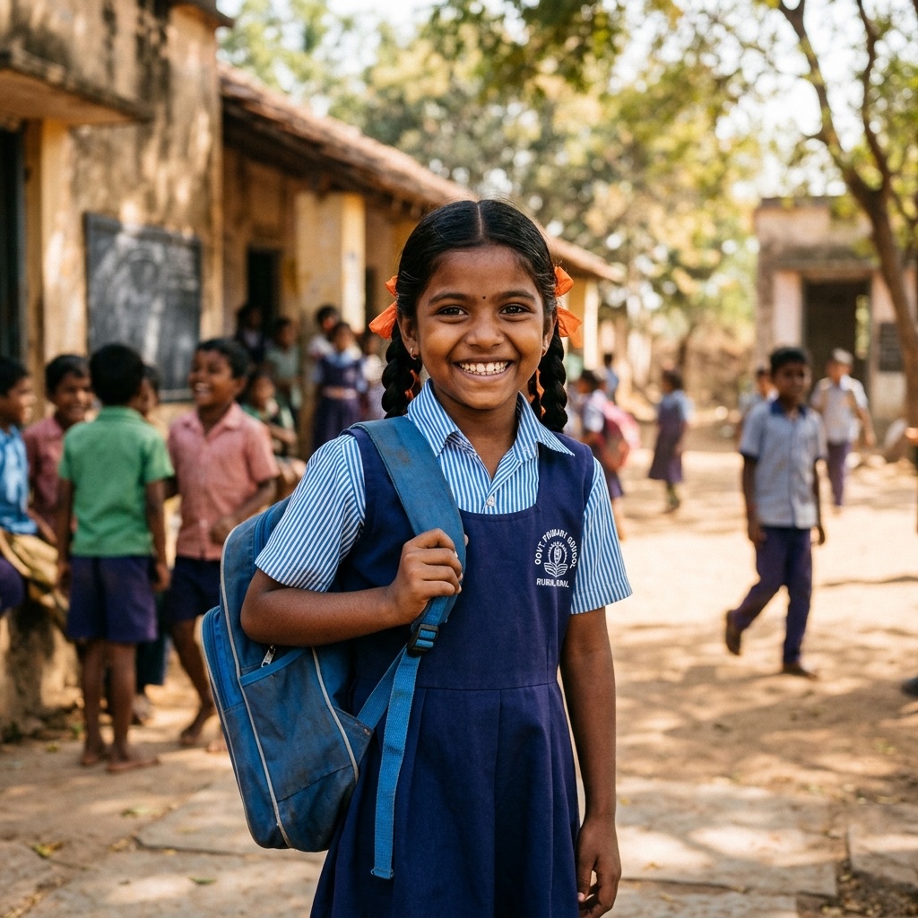 Smiling young student Anjali holding her blue backpack proudly